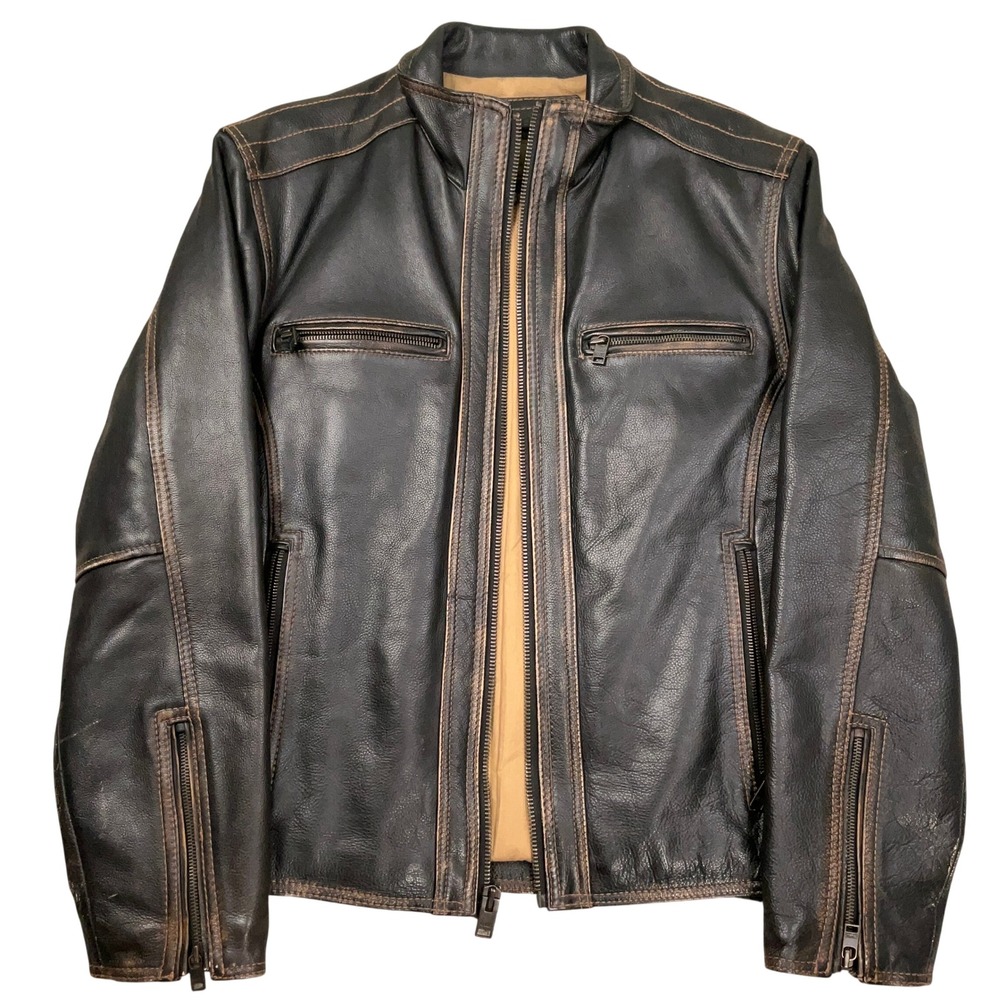 Marc New York Racer Jacket Mens M Brown Leather Cafe Distressed Moto Zip Biker